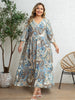 Plus Size Women's Blue-Brown Ethnic Paisley Print V-Neck Half Sleeve Tie Waist Dress