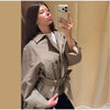 Vintage Plaid Belted Jackets Women Slim Full Sleeves Double-breasted Lapel Cropped Coats Ladies Autumn Outwear