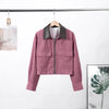 Pink Corduroy Cropped Jacket For Women Casual Contrast Collar Long Sleeve Zipper Coat Lady Spring Chic Streetwear