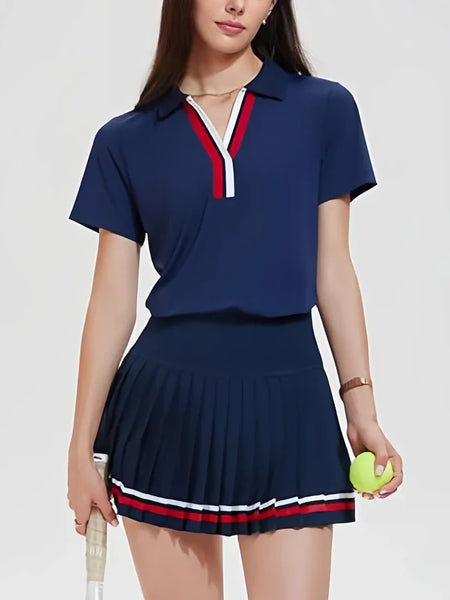 Women 2 Pieces Athletic Skirt Set Outfits V Neck Polo Shirts High Waisted Pleated Tennis Skirts Golf Pickball Dress
