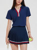 Women 2 Pieces Athletic Skirt Set Outfits V Neck Polo Shirts High Waisted Pleated Tennis Skirts Golf Pickball Dress