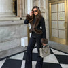Black Faux Fur Collar Leather Jacket Elegant Lapel V-neck Waist Cinching Long-sleeved Short Coats Lady Winter Commute Coat