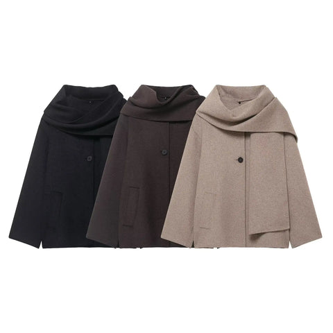 Zevity Women Vintage Scarf Design Solid Woolen Coat Winter Ladies Retro Streetwear Long Sleeve Casual Brand Jacket Tops CT9507