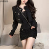 Black Korean Style Retro Elegant Two Piece Set Women Tassels Short Jackets Casual Strap Party Mini Dress Female Y2k Suit