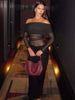 Slash Neck Dress Women Chic Elegant Sexy Patchwork Mesh Ruched Hollow Birthday Party Clubwear Vacation Vestidos