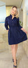 Spring Fall Mori Girl Women Loose Dress Stand Collar Polka Dot Navy Blue Mini Dress Cotton Long Sleeve Short Cute Flannel Dress