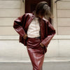 Street Zipper Leather Jackets Skirts Sets Women Loose Stand Collar Full Sleeve Coat Straight Skirt Autumn Winter Lady Suit