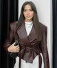 Burgundy PU Jacket Women Autumn Slim Lace Up Blazer Top Fall Casual Leather Jackets Coat Femme