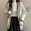 Autumn Vintage Mid Long Sweater Cardigan Woman Preppy Style Contrast Color Knitted Coat No Button Casual Street Open Outerwear
