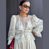 Women Pant Set Satin Lace Round Neck Puff Long Sleeve Button Front Drawstring Waist Blouse Cuffed Ruffle Hem Pants Elegant Suit