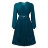 Elegant Dresses Woman V Neck Full Sleeve Pleated Mid Calf Belt Waisted African Female Birthday Party Dress