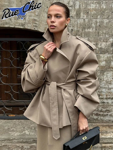 Women Solid Stand Collar Windbreaker Single Breasted Lace Up Pocket Coat Autumn Lady Commuter Daily Outerwear