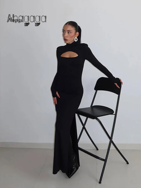 Sexy Sheath Women's Maxi Dresses Solid Turtleneck Regular Long Sleeves Hollow Out Slim Fit Bodycon Party Vestidos Robes