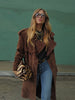 Women's Vintage Brown Suede Trench Coat Long Belted Overcoat Retro Windbreaker Female Date Commuter Streetwear Outerwear