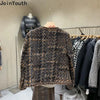 Vintage Jackets Women Clothing O-neck Long Sleeve Pocket Tweed Temperament Tops Korean Cropped Coat Y2k Clothes