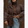 Women Brown Drawstring Waist Puffer Jacket Stand Collar Warm Cotton Padded Coat Casual Oversized Winter Parka Outerwear