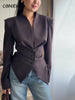 Elegant Chic Waist Cinched Blazer Women V Neck Single Breasted Lace Up Irregular Hem Jacket Lady Casual Commute Outerwear