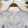 Women's Autumn Mesh Lace Hollow Out White Short Dress Women Micro Flare Sleeve See Through Translucent Sexy Girl's Mini Dress