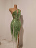 Women Sparkly Rhinestones Tassel Green One Shoulder Sexy See-Through Dress Latin Dance Outfits Bar Nightclub Party Stage Costume