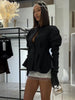 Women Asymmetric Peplum Blazer Jacket V Neck Shoulder Pad Long Sleeve Slim Fit Waist Buttons Irregular Hem Party Office Suit