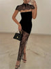 Elegant Lace Printed Long Dress For Women See-Through Turtleneck Patchwork Bandeau Party Dress Female Spring Maxi Dress