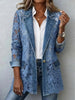 Vintage Hollow Out Floral Lace Spliced Denim Jacket Women Notched Lapel Single Button Long Sleeve See Through Casual Blazer Coat
