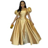Puff Sleeve Elegant Dress for Women's Square Collar Gold Solid Pleated A-line Evening Party Cocktail Long Dresses