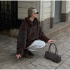 Women Dark Brown Faux Fur Coat Stand Neck Zipper Loose Solid Pullover Spring Chic Lady Casual High Street Outwear