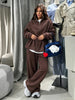 Women Casual Drawstring Waist Cinched Fleece 2 Piece Outfits Half Zip Stand Collar Sweatshirt Wide Leg Pants Set