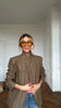 Women Khaki Striped Oversized Blazer Asymmetrical Button Closure Tailored Lapel Collar Structured Coat Minimalist Urban Outfits