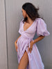 100% Cotton V-neck Waist Cinched Dress Unique Lantern Sleeve Sexy Slit Long Skirt Women's Casual Dresses