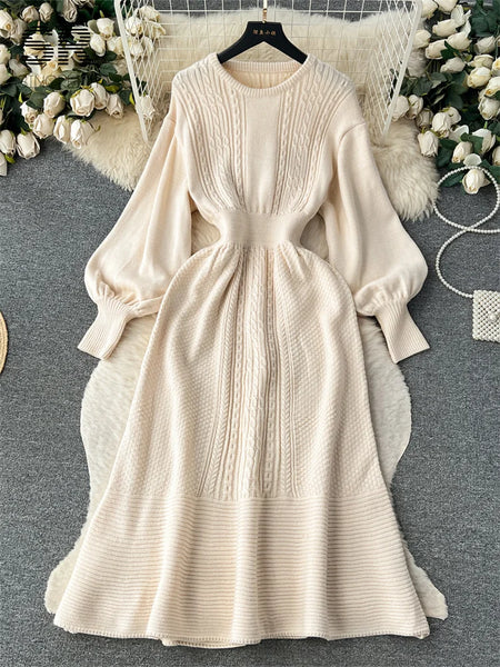 Loose Casual Knit Long Dress Women Solid Elastic Waist Lantern Sleeve O Neck Ladies Winter Sweater Dresses