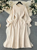 Loose Casual Knit Long Dress Women Solid Elastic Waist Lantern Sleeve O Neck Ladies Winter Sweater Dresses