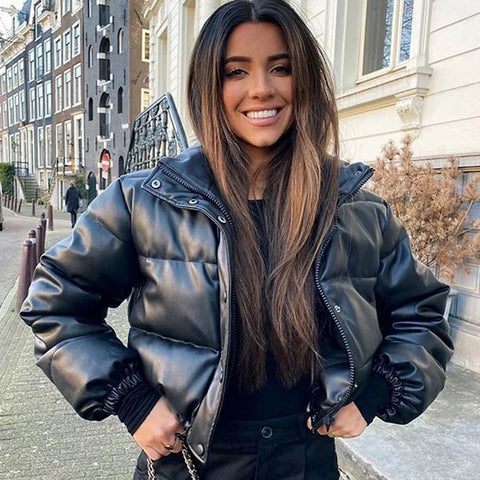 Winter Parka Coat Women's Jacket Thick Warm Women Black PU Leather Coats Women Elegant Zipper Faux Leather Jackets Tops