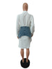 Vintage Women Long Sleeve Turn-down Collar Shirt Blouse Style Dress with Denim Jean Irregular Mini Skirt Two 2 Piece Set