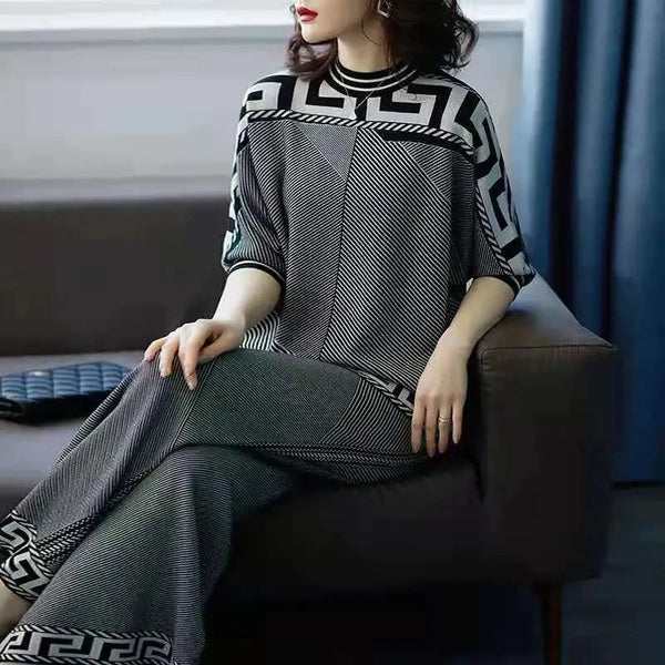 Two piece Women's Knitwear Casual Sets Spring Autumn Loose Temperament Pullover Tops+Wide leg Pants Female