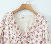 Women White Pink Flower Print Puff Long Sleeve Dress Open Buttons Wood Ears Ruffles Hem Mini Shirt Dresses Holiday Robe