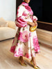 Dashiki African Dresses for Women Flower Printed Stand Collar Elegant Evening Maxi Dress Puff Sleeves Pleated Party A-Line Dress