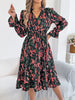 Elegant Floral Print Dresses for Women Autumn Winter Casual V Neck Flare Long Sleeve Ruffled A Line Dress