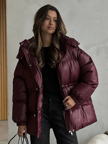 Solid Zipper Drawstring Puffer Jacket Quilted Water-Resistant Loose Winter/Fall Warm Women Outerwear Daily Causal Lady Coat