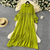 Spring Vintage Loose Dresses Women Lantern Sleeve Turn-down Collar Solid Single Breasted Casual Folds Long Dress