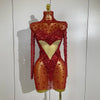 Women Red Sparkly Diamonds Sequins Mesh See Through Long Sleeves Mini Dress Eveing Birthday Party Sexy Nightclub Stage Costume