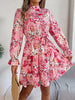 Elegant Mock Neck Belted Ruffle Hem Floral Print Dress For Spring & Fall, Women's Clothing