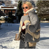 Women Chevron Color Block Padded Ski 2 Piece Set Fleece Collar Zipper Snow Jacket Cargo Wide Leg Pants Winter Snowboard Outfits