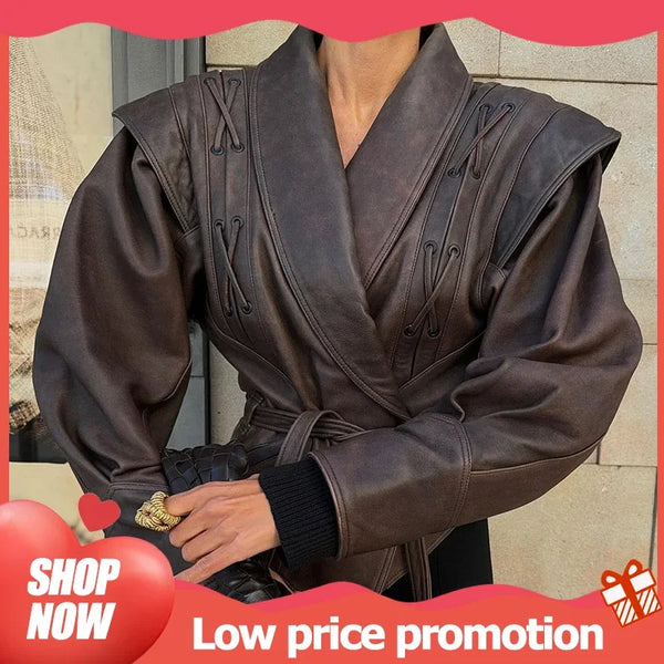 Woman Vintage Brown Lace Up Pu Leather Jacket Slim Fit Lapel Collar Long Sleeved Short Coats Fall Lady Chic Outfits