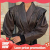 Woman Vintage Brown Lace Up Pu Leather Jacket Slim Fit Lapel Collar Long Sleeved Short Coats Fall Lady Chic Outfits
