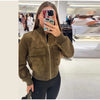 Women's Cropped Bomber Jacket Stand Collar Zipper Patch Pocket Rib Trim Long Sleeve Short Coat Vintage Autumn Casual Outfit