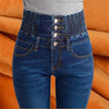 Autumn Winter Oversized Single Breasted High Waisted Elastic Jeans Women's Slim Skinny Pencil Pants Velvet Warm Pants