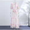 Elegant Ruffle Women's Long Dresses V Neck Half Sleeve Button Waist Cinching Pleated Dress Spring Lady Party Robes