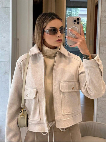 Women's Zipper Jacket Coat Winter Long Sleeve Pocket Outerwear Coat Short Street Elegant Women's Jacket